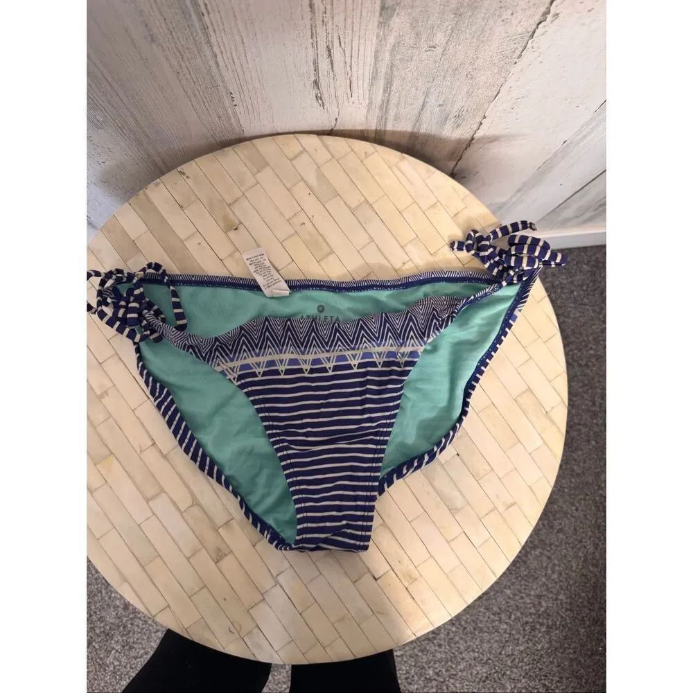 Athleta Bikini Bottom Medium Blue Striped Tie Side Swim Bottoms Adjustable